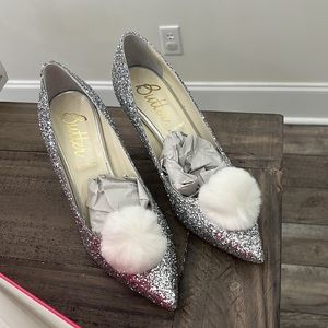 Butter Womens Delia pump silver glitter with Pom Pom